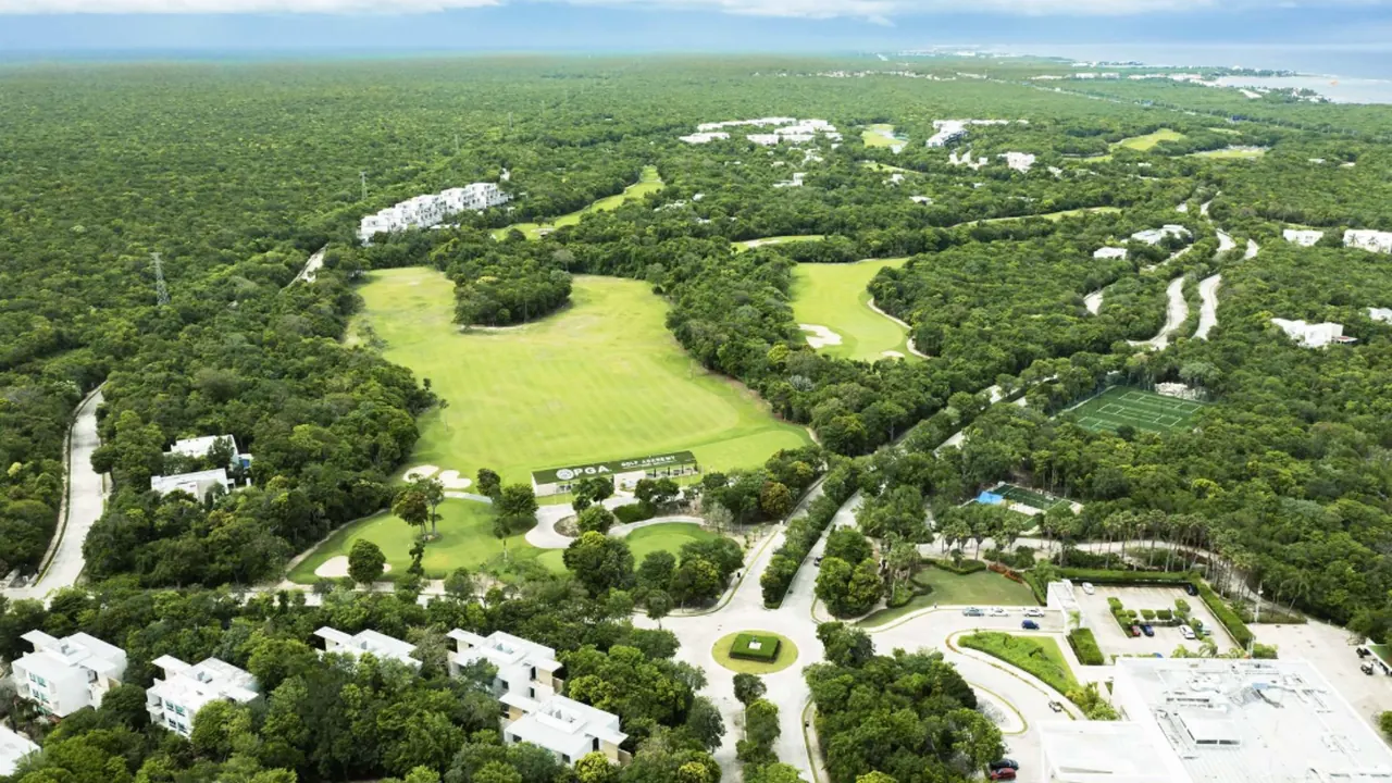 Aerial view of the Country Club, Riviera Maya: golf course, jungle and residences