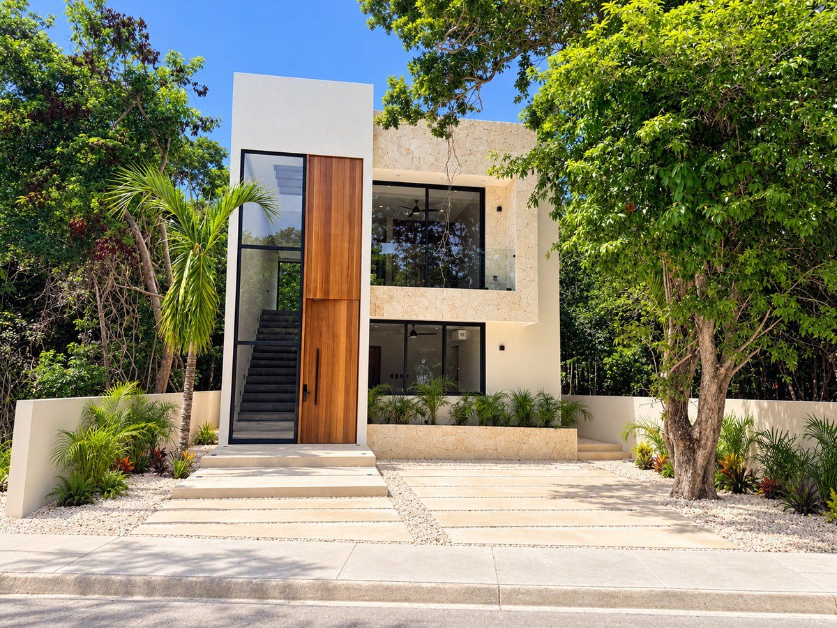 Coatí villa front facade with wood door and natural stone