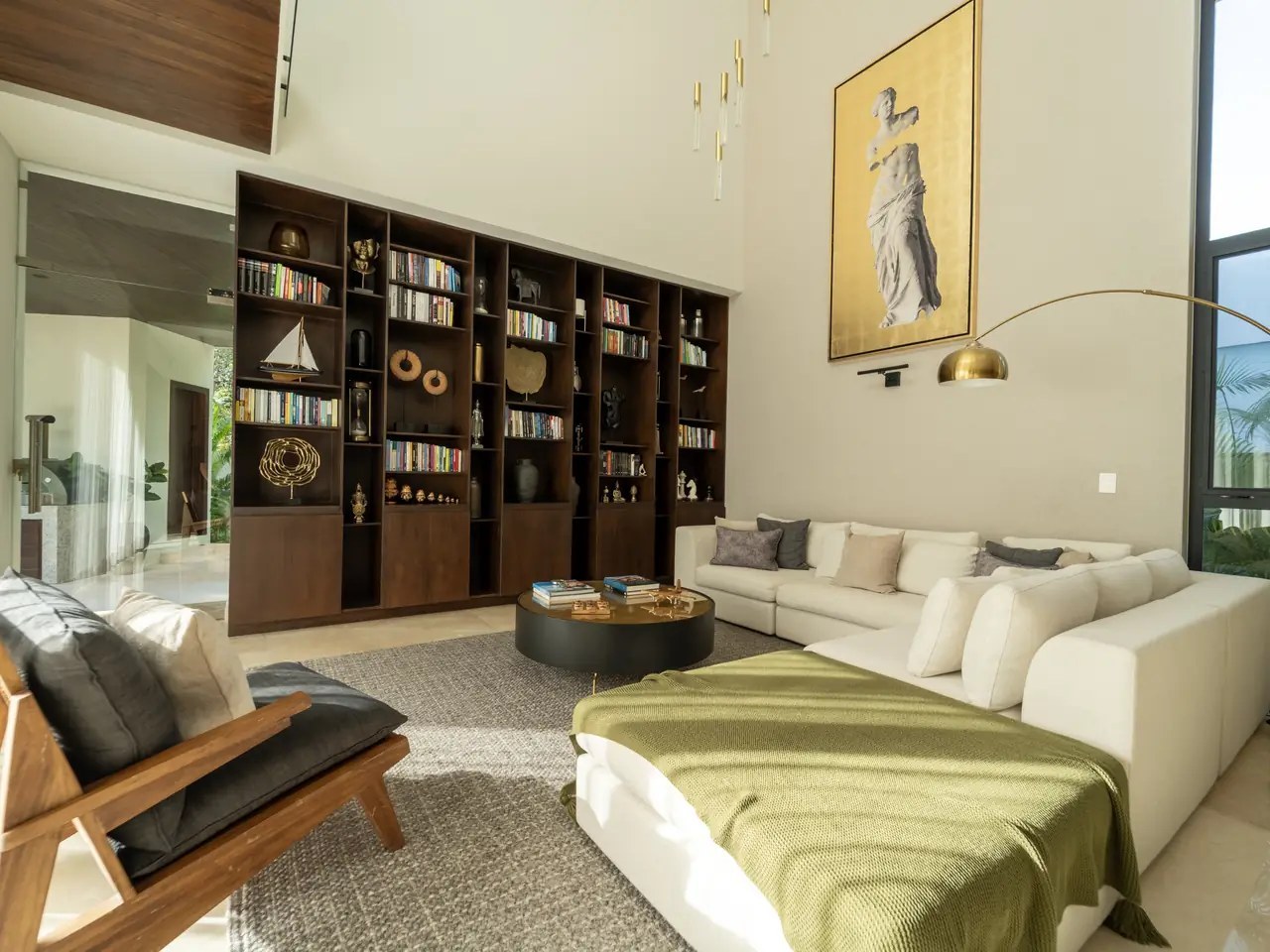 Living room of a finished home with built-in bookshelves