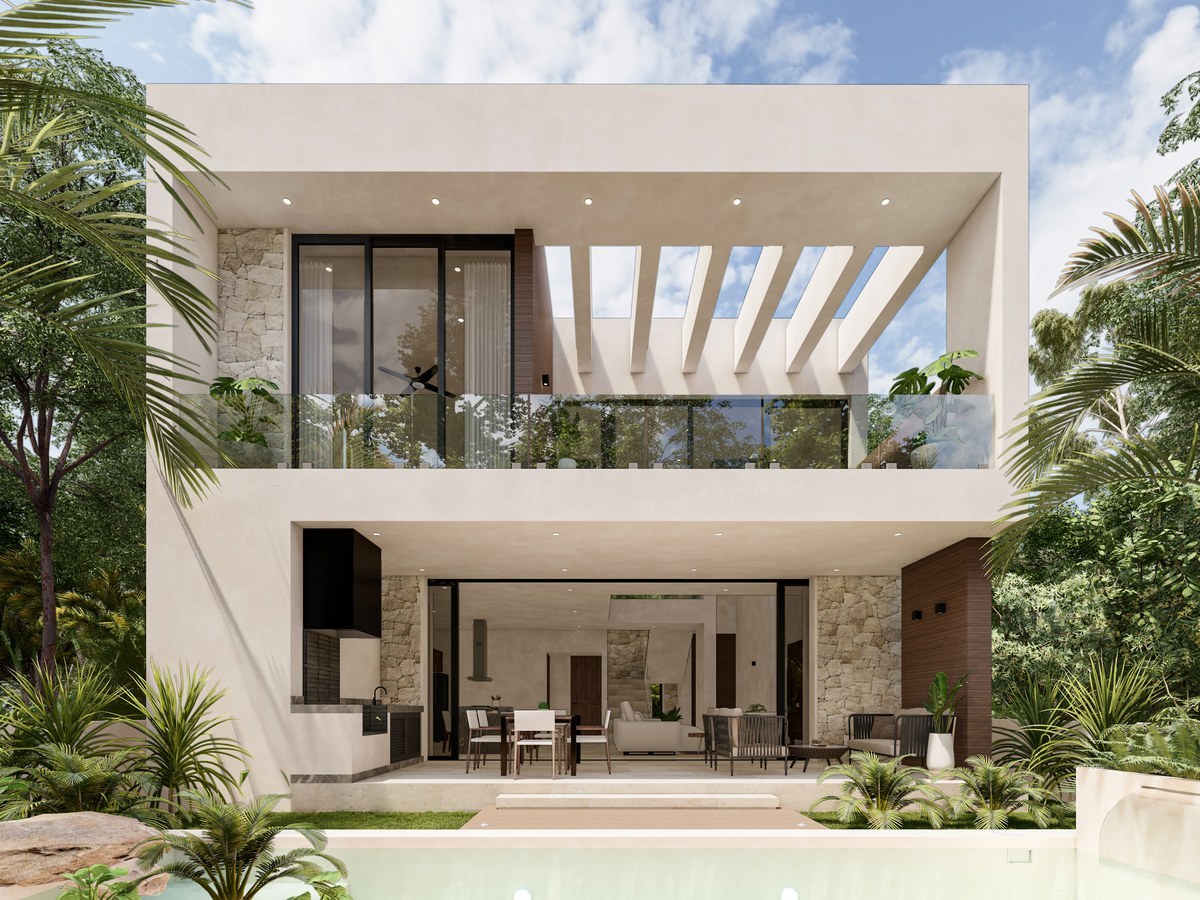 Render of the Iguana villa rear facade with pool