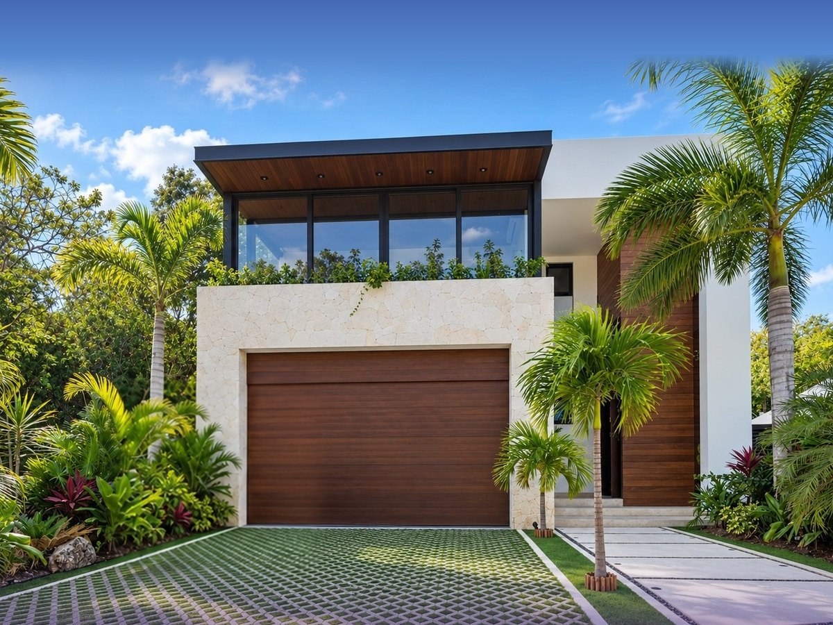 Residencia Riviera signature-design home facade with natural stone and wood garage door